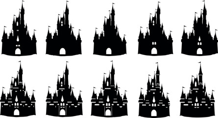 Fototapeta premium Set of Black Castle Silhouettes with Towers, Flags, and Arched Entrances for Fantasy, Medieval, Fairytale, and Gothic Design Themes