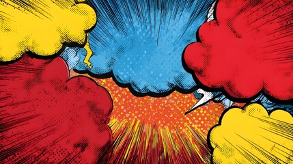 Dynamic retro comic book style explosions and speech bubbles with vibrant color splashes creating energetic backgrounds