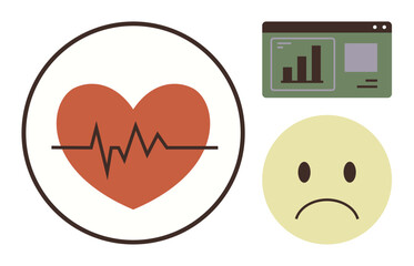 Heart shape with heartbeat line, sad face emotion, and analytics dashboard. Ideal for health analysis, mental health, stress, emotional management, healthcare, data tracking simple flat metaphor