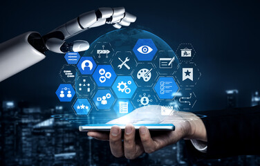 AI assisted personalization with user profile, customization and adaptive experience icons showing digital service, personal interaction and customer journey design Entice