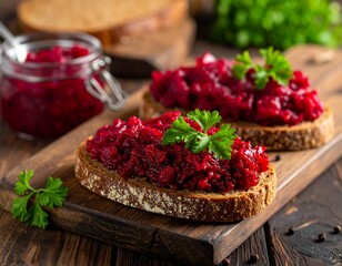 Beetroot relish on toasted bread