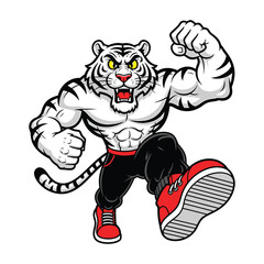 Muscular white tiger character flexing biceps and posing