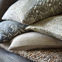 Stack of Textured Throw Pillows in Neutral Tones