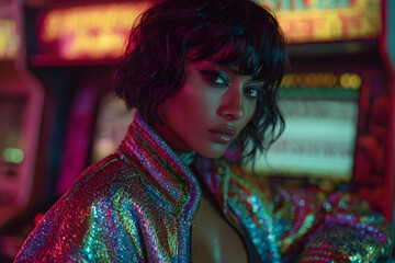 cyberpunk fashion woman, dark neon arcade, dramatic shadows, confident expression, edgy makeup, futuristic styling, vibrant lighting, nightlife concept, glowing outfit