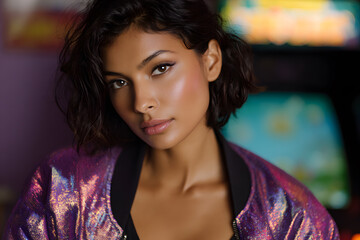 glamorous arcade woman, holographic jacket, soft studio lights, confident pose, shiny fashion, glowing skin, nostalgic background, retro neon mood, feminine elegance