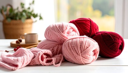 Colorful yarn balls on a white table near a window