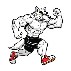Muscular cartoon wolf running with flexed biceps