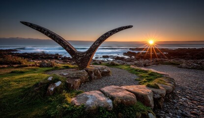 Fototapeta premium A dramatic coastal sunrise illuminates a sculpted bird-like monument, positioned on a rocky shoreline, bathed in golden light.