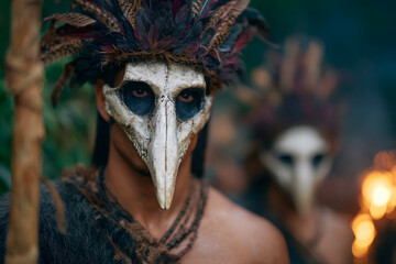tribal mask ceremony, indigenous costume, dark forest background, ritual firelight, cultural expression, feathers and skull, mysterious mood, dramatic portrait scene