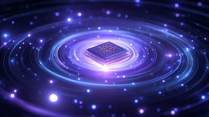 Fototapeta premium Abstract 3D render of a luminous microchip or processor centered in a powerful vortex of blue and purple energy rings and glowing particles, symbolizing computing core and high-tech power. 