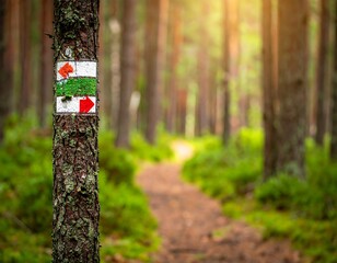 Hiking trail marker in a sunlit forest