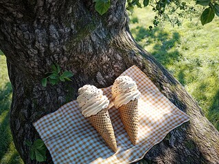 Delicious ice cream cones await during a perfect sunny day picnic under a tree
