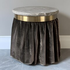 Elegant Marble Top Side Table with Velvet Skirt Brass Accents