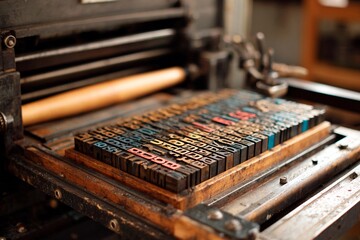 Wooden type blocks in various colors are neatly arranged on a printing press. The scene reflects a vintage workshop, showcasing the art of traditional printing techniques