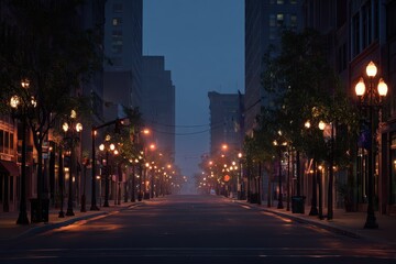 Obraz premium Serene urban street illuminated by soft lights at dusk with a peaceful ambiance and empty roads surrounded by buildings