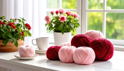 Colorful yarn balls on a windowsill