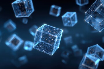 Lowpoly cubes representing blockchain technology spinning in a dark environment with glowing connections between nodes during a futuristic animation