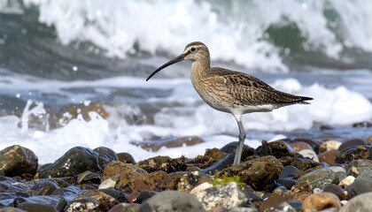 A shorebird stands on a rocky beach near crashing waves