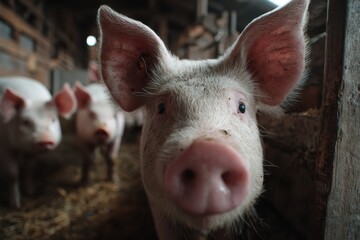 Hog barn in a pig farm showcasing healthy pigs with a focus on animal husbandry practices in a rural setting during daylight hours