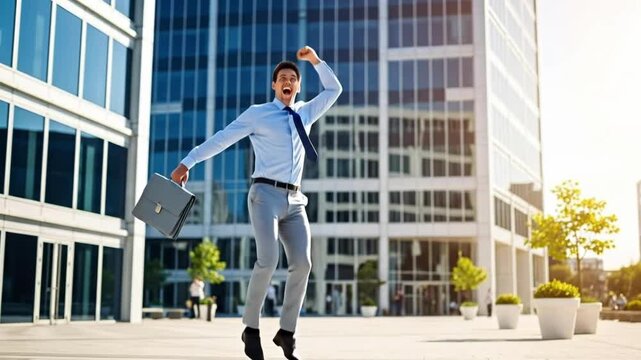 Excited businessman jumping for joy outside modern office building