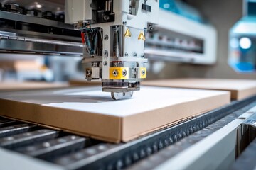 Precision machinery operates in a manufacturing facility, cutting cardboard sheets with high accuracy. Workers oversee the automated process for efficiency