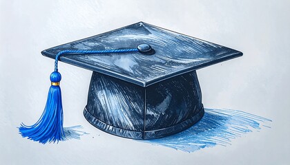 Illustration of a classic black graduation cap with a blue tassel on white