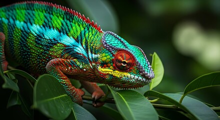 Closeup of a colorful panther chameleon perched on a branch in madagascar