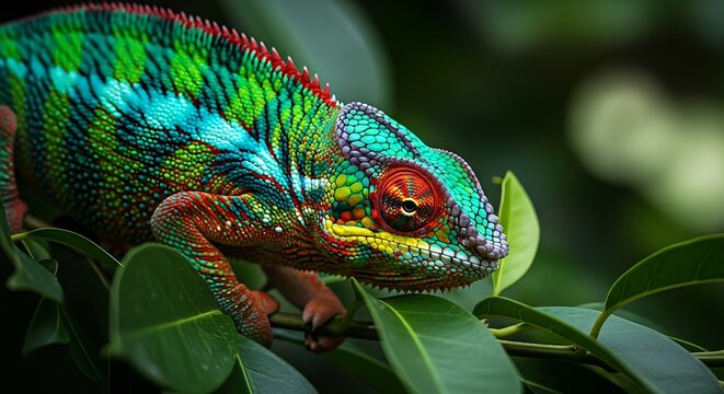 Closeup of a colorful panther chameleon perched on a branch in madagascar