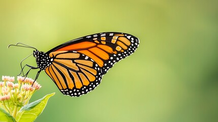 Fototapeta premium A monarch butterfly rests on a delicate flower with soft green bokeh background