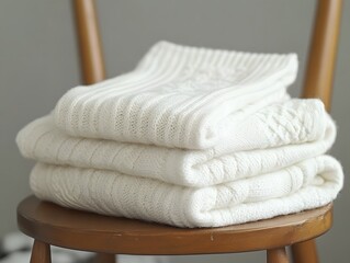 Stack of Soft White Knitted Sweaters on Wooden Chair