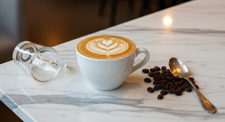 Delicious hot latte coffee with frothy milk art and scattered beans on a marble countertop