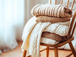 Cozy Knitwear Stack on Wooden Chair Autumn Winter Fashion