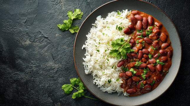 A delicious and beautifully presented dish of red beans with rice on plate, black background