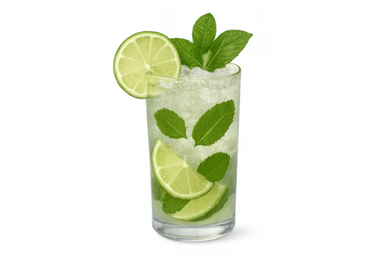 Mojito cocktail drink with lime mint and ice on transparent background