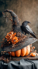 A large black witch hat, decorated with pumpkins and branches, with a raven sitting on the edge of it, in the dark academia style.