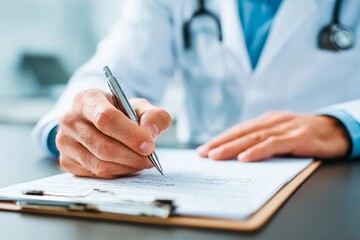 A doctor is focused on writing detailed notes on a clipboard in a well-lit medical office. The doctor wears a white coat and has a stethoscope around their neck