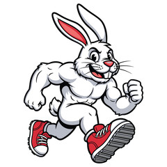 Muscular cartoon rabbit running with red sneakers