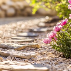 Serene Garden Path Pink Flowers Stone Steps