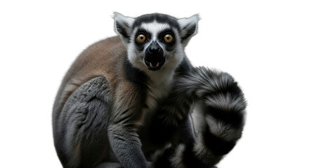 Obraz premium Ring-tailed lemur with striking eyes and fur sits against a dark background.