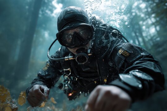 Free descending dive master performing an underwater exploration in a tranquil forest setting with sunbeams penetrating through the water surface