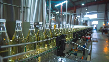 Bottles on a conveyor belt in a beverage factory