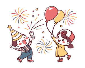 Celebrating children at a festive party with balloons and fireworks graphic illustration for birthday greeting card design and happy occasion celebration concept