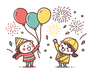 Children Celebrating with Balloons and Fireworks Holiday Celebration Festive Atmosphere Happy Kids Cartoon Illustration