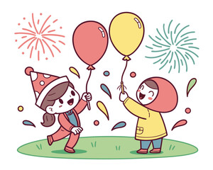 Joyful Children Celebrating with Balloons and Fireworks Colorful Illustration for Festive Occasions and Happy Moments