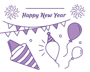 Festive Happy New Year Celebration with Balloons Fireworks and Party Decorations in Purple Theme