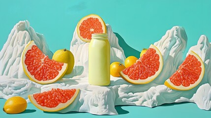 Vibrant Grapefruit and Lemon Still Life with Smoothies Bottle on Abstract White Forms