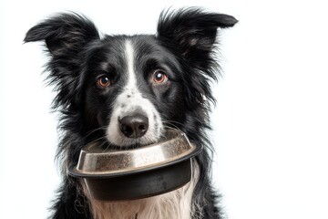 Fototapeta premium Dog holds a food bowl in mouth while looking expectantly at its owner with bright eyes suggesting excitement for mealtime