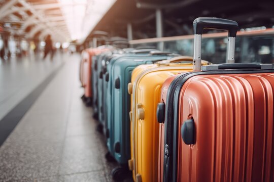 Luggage suitcases lined up at an airport terminal during busy travel hours showcasing various colors and sizes for travelers on the go