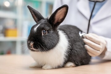 Obraz premium Veterinarian performs health check on a cute black and white rabbit in a clinic mid-morning