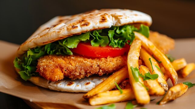 Crispy chicken sandwich with fresh lettuce and tomato served with golden fries
